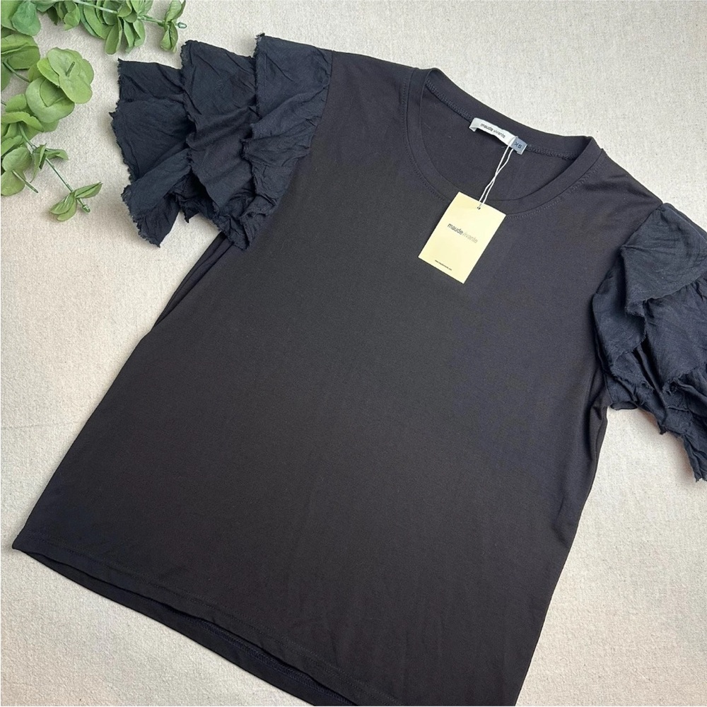 Maude Vivante Cassidy Knit Top Black Tiered Ruffle Short Sleeve Size XS NWT